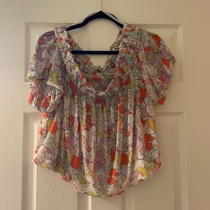 Free People Colorful Abstract Pattern Blouse